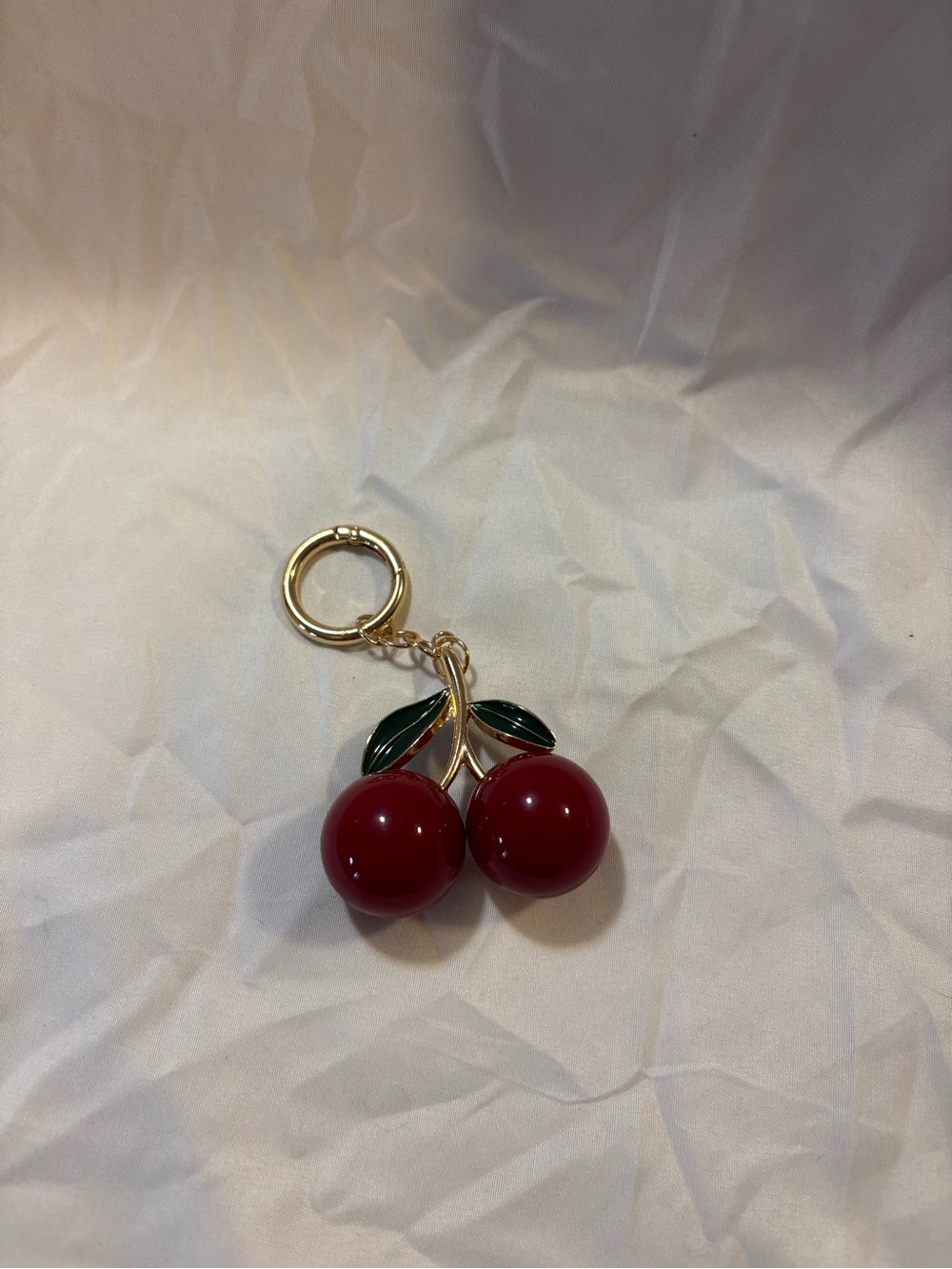 Gold Cherry Purse charm with Red Enamel Cherries and Green Leaves